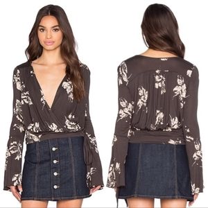 Free People Fiona Floral Print Wrap Top in Coal Combo XS